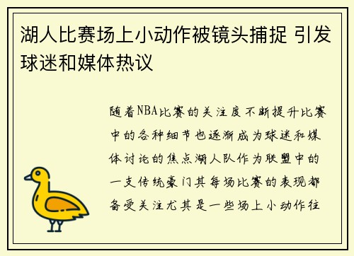 湖人比赛场上小动作被镜头捕捉 引发球迷和媒体热议